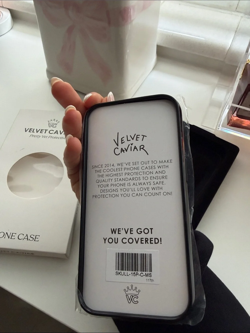 Velvet Caviar iPhone 15 pro Case with White Skulls & Hearts